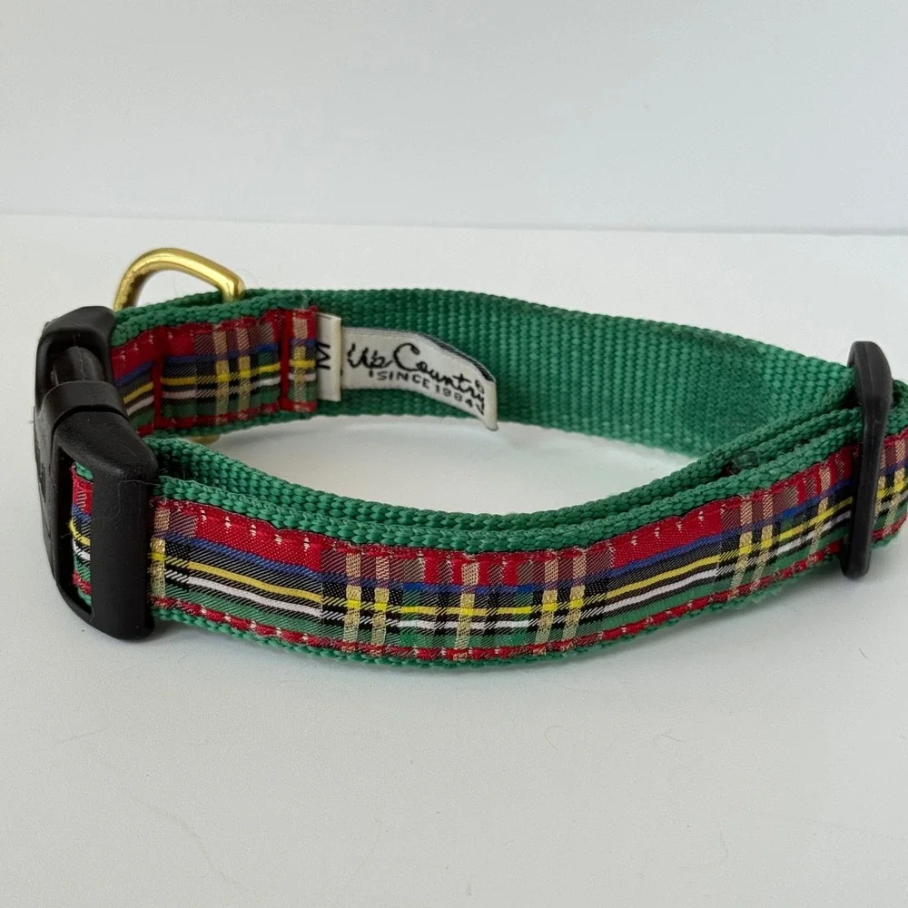 Up Country Dog Collar‎ Medium Green Red Tartan Plaid Adjustable Brass Hardware